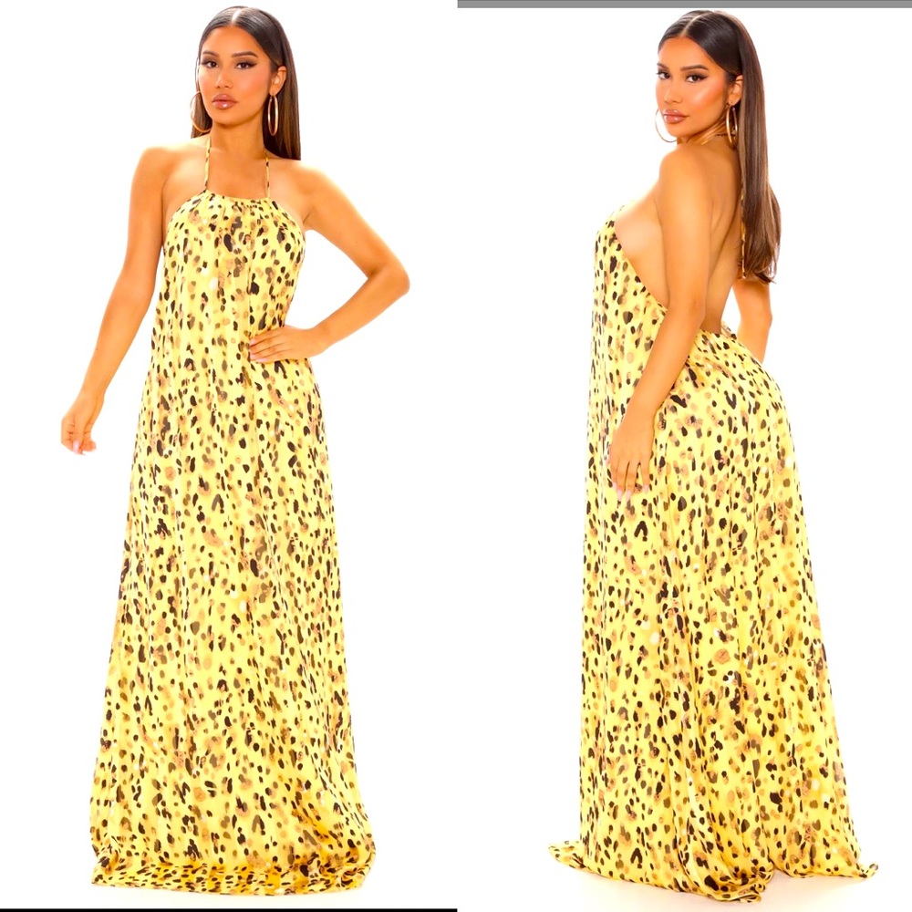 🐆 NWT BOHO LONG CHEETAH LEOPARD YELLOW BACKLESS MAXI HALTER LAYERED DRESS XL